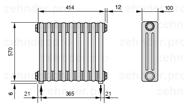 Схема (чертеж) Радиатор Zehnder Charleston 3057/9 №5310 Белый глянцевый RAL 9016